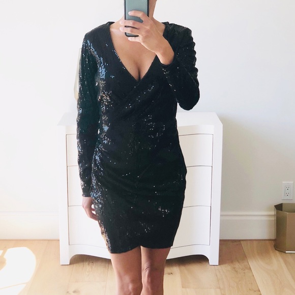 VEGAS Black Long Sleeve Sequin Surplice Dress - Picture 4 of 10